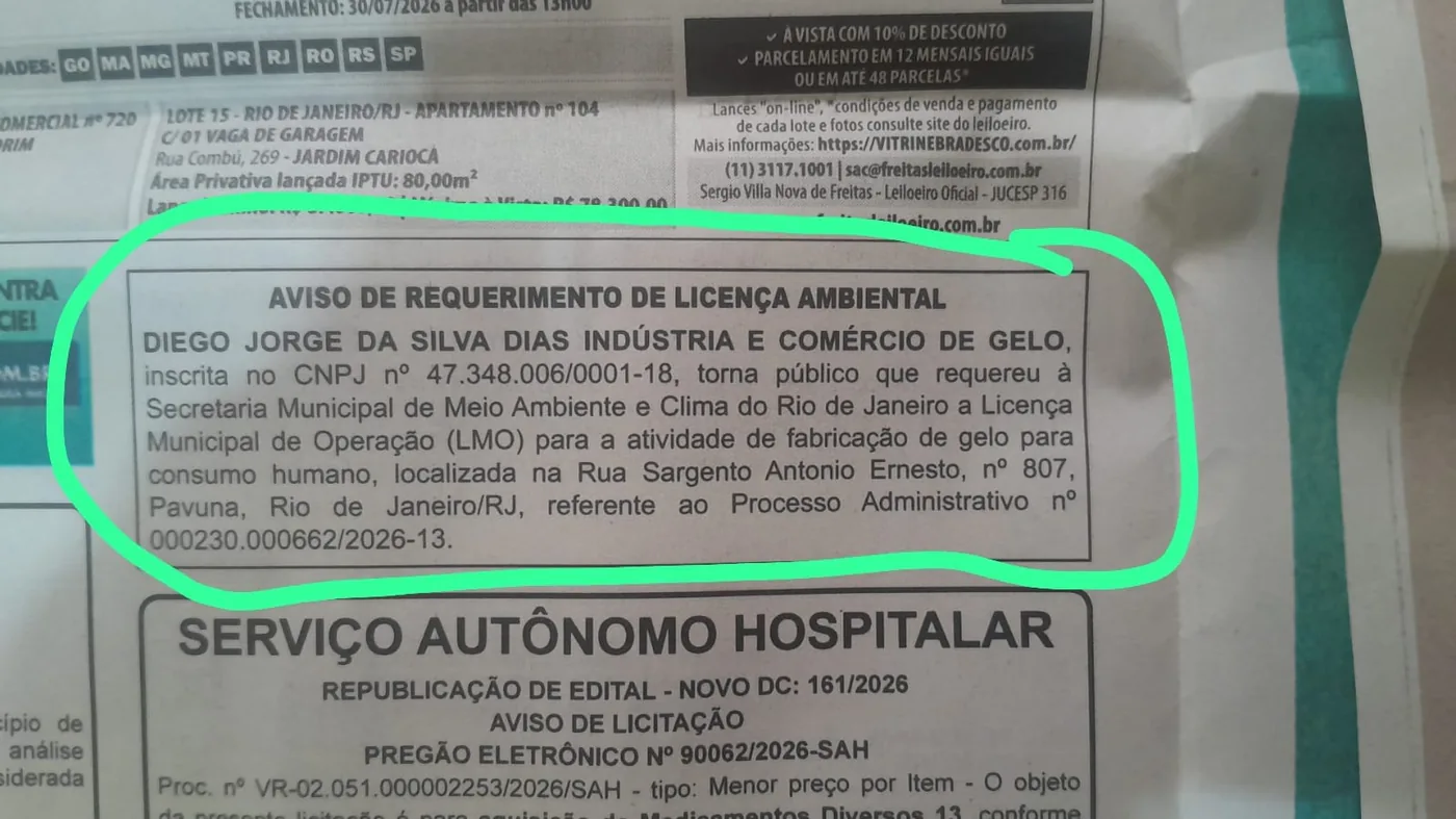 Aviso de requerimento de licença ambiental publicado em jornal