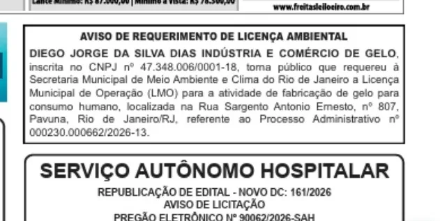 Recorte de jornal com aviso de requerimento de licença ambiental