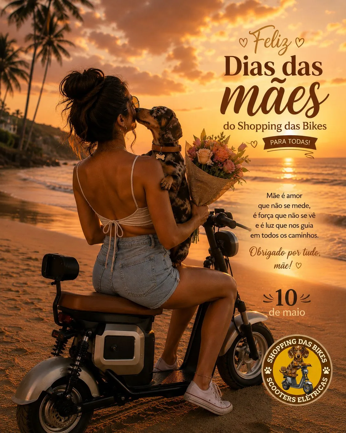 Fachada do Shopping das Bikes com scooter elétrica e mascote cachorro
